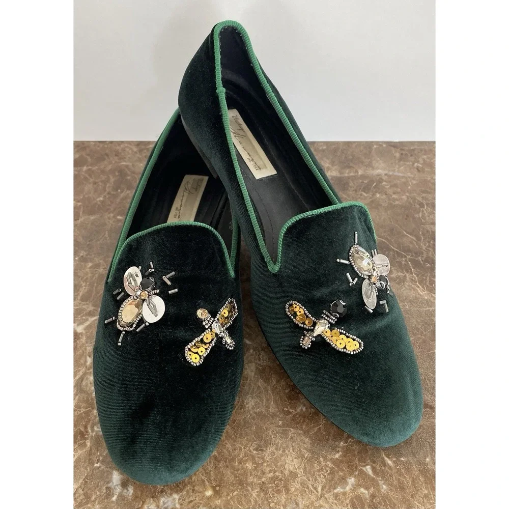Vintage Havana Green Velvet‎ Flats Beaded Bees Dragonflies Holiday Old Money 8.5